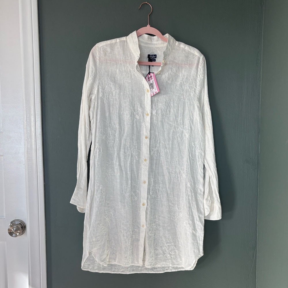 MC2 Saint Barth White Linen Floral Embroidered CoverUp Size 10 NWT
